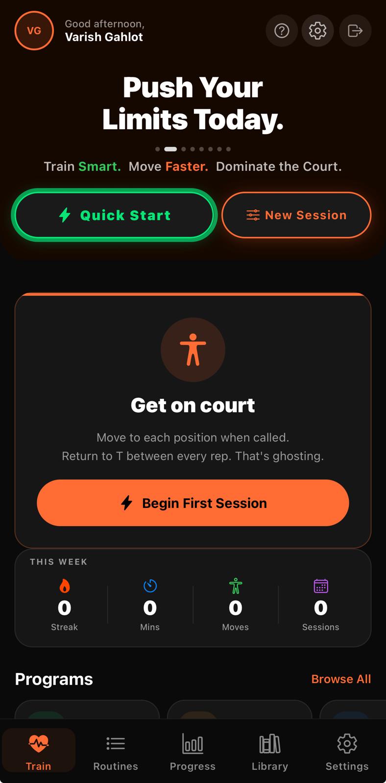 Squash GhostingX home screen showing training dashboard